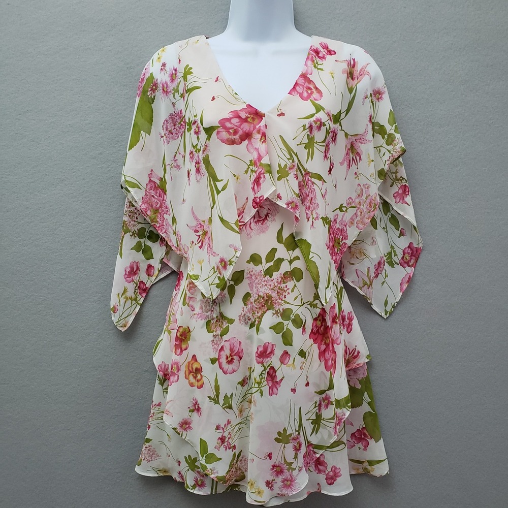 VICKY TIEL Women's Small Mini Dress Pink Floral Chiffon Tiered‎ Ruffle V-Neck